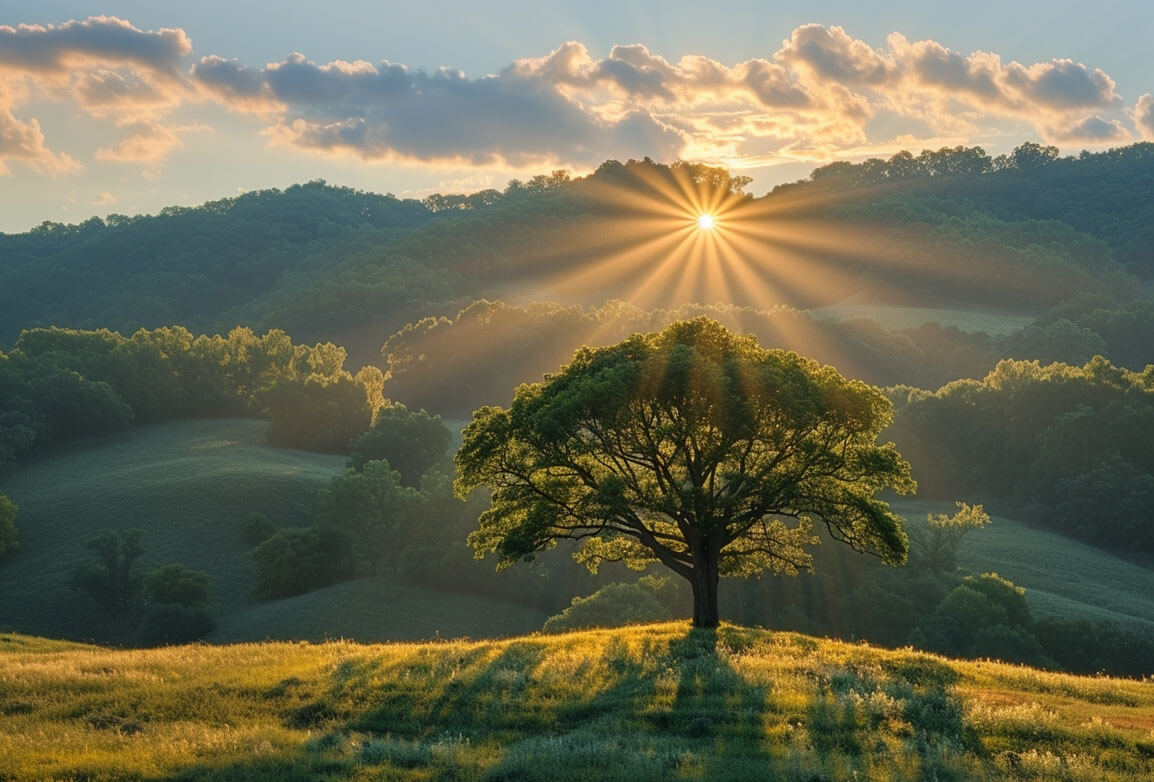 inspiring image of a tree on a hill with the sun shining